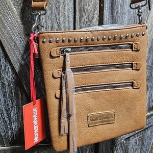 NWT Brown Montana West Tan Crossbody Bag with Stud Accents